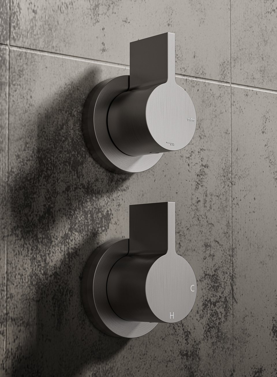 Close-up of wall-mounted controls on textured stone